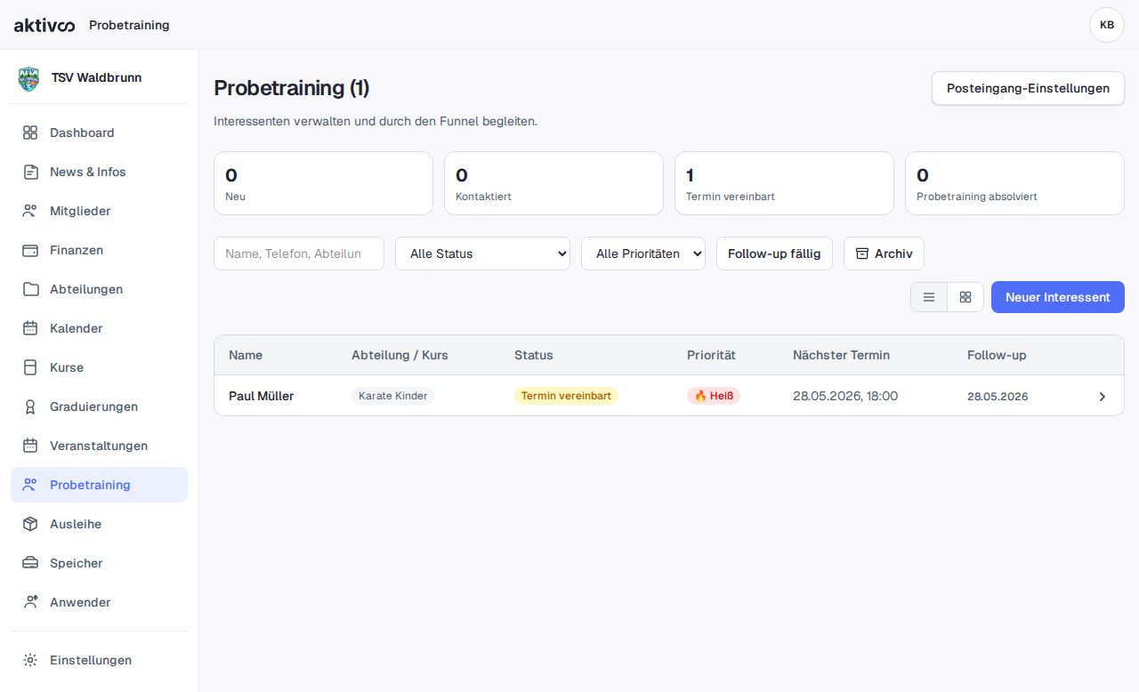 Probetraining — Interessenten im Kanban-Funnel der Webapp